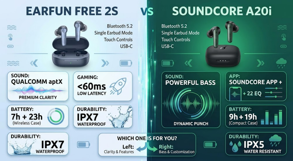 EarFun Free 2S ضد Soundcore A20i: مقارنة أرخص سماعات اقتصادية